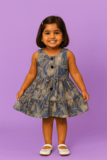 Elegant Floral Layered Denim-Style Party Frock for Girls